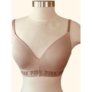 PINK Victorias Secret 34D Everywhere Lightly Lined No Wire Bra Solid Beige
